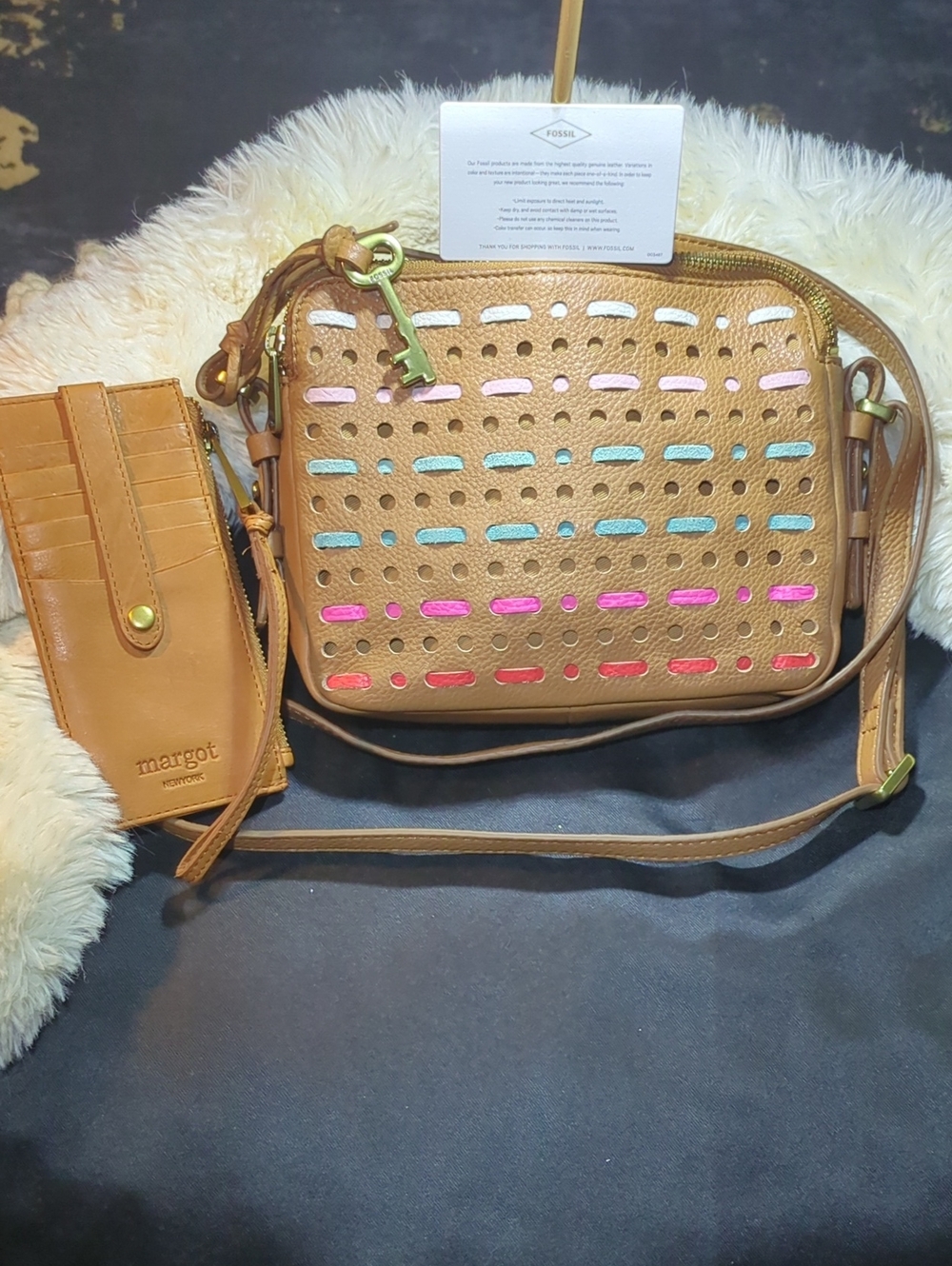Fossil Tan Leather Crossbody with Pink, Blue and Coral Accents NOW ONLY $80